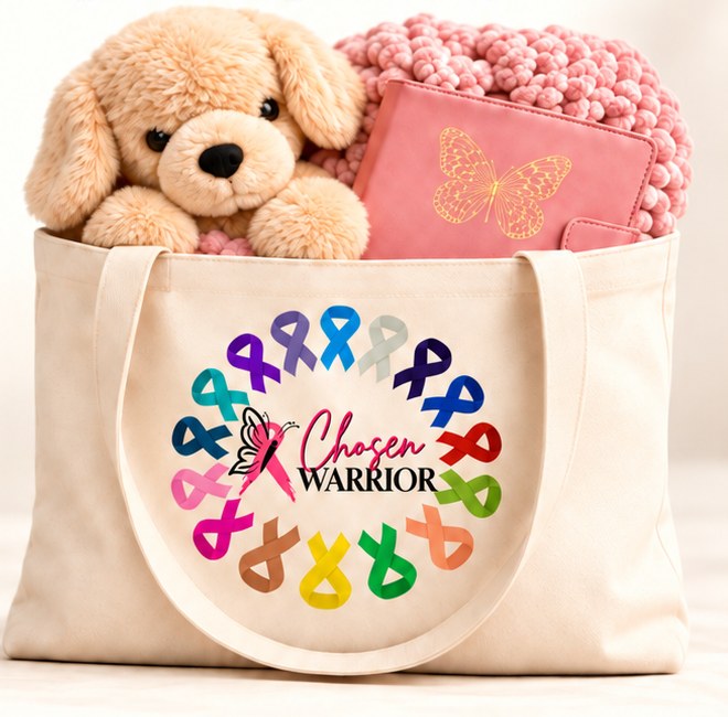 A Chosen Warrior Companion Care Bag: a canvas tote printed with the Chosen Warrior logo inside a ring of cancer awareness ribbons, holding a plush weighted puppy, a pink knit blanket, and a pink journal with a gold butterfly